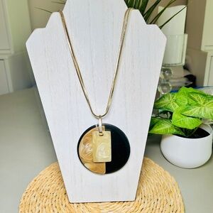 CHICO’S Black & Tan Art Deco Acrylic Large Pendant Necklace with gold metal acce